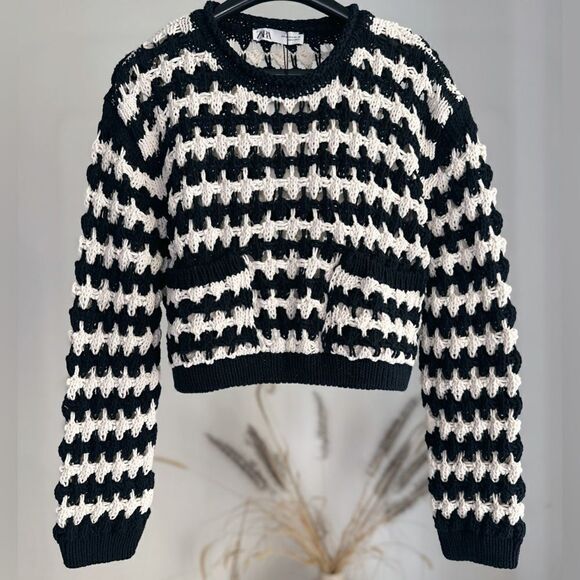 Zara Open Knit Crop Sweater Striped Sweater - Picture 1 of 6